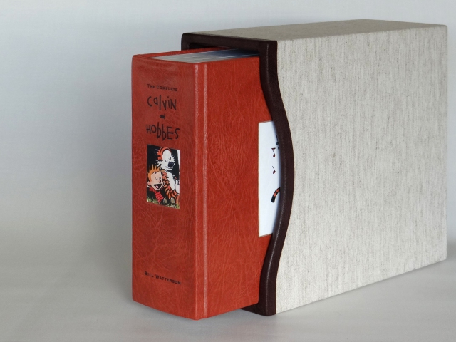 A custom leather rebinding of The Complete Calvin and Hobbes including a slipcase with leather trim