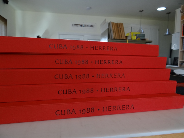 5 boxes, freshly stamped with their titles prior to the final assembly steps