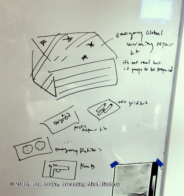 The whiteboard sketch documenting the original idea for Don Drake's edition 'Global Warming Survival Kit'