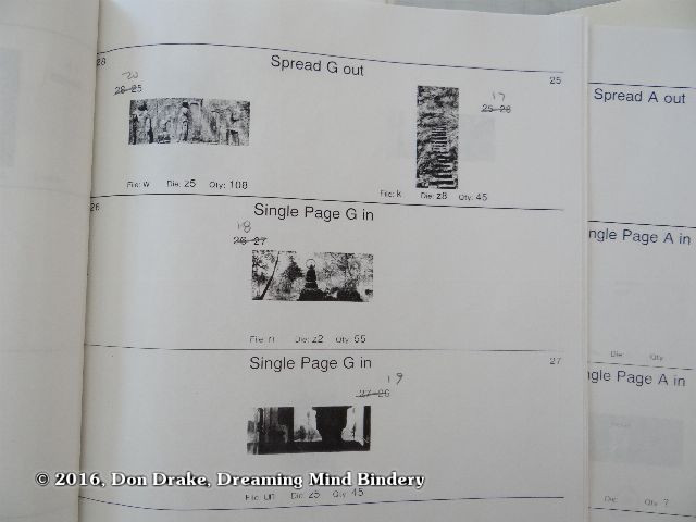 One page of a production-guide for Geir Jordahl's and Don Drake 'Traveler' containing image thumbnails, page number, deboss template codes and other key information