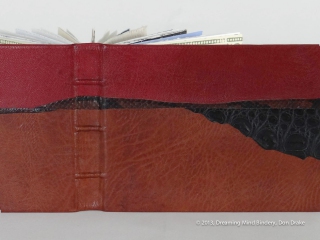 A detail view of Don Drake's binding of the Bay Area Book Artists' (BABA) collaborative project, AlphaBeastiary, showing the goat, snake, and alligator leather.